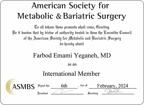 مدرک عضویت دکتر فربد امامی یگانه در جامعه جراحان چاقی و متابولیک آمریکا